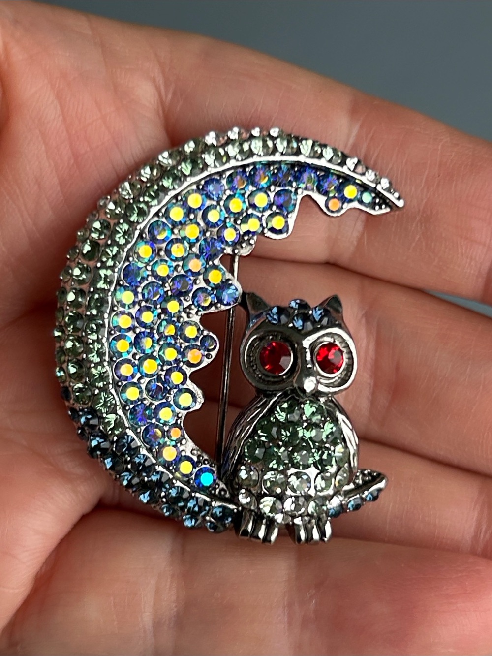 Vintage Butler and Wilson Swarovski Crystal Rare Commemorative Owl Moon Brooch